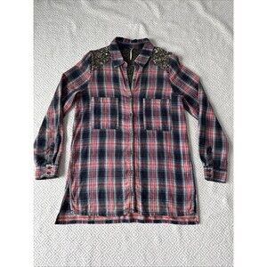 Free People Little Bit of Sugar Flannel Sequin Top size S plaid Boho Western